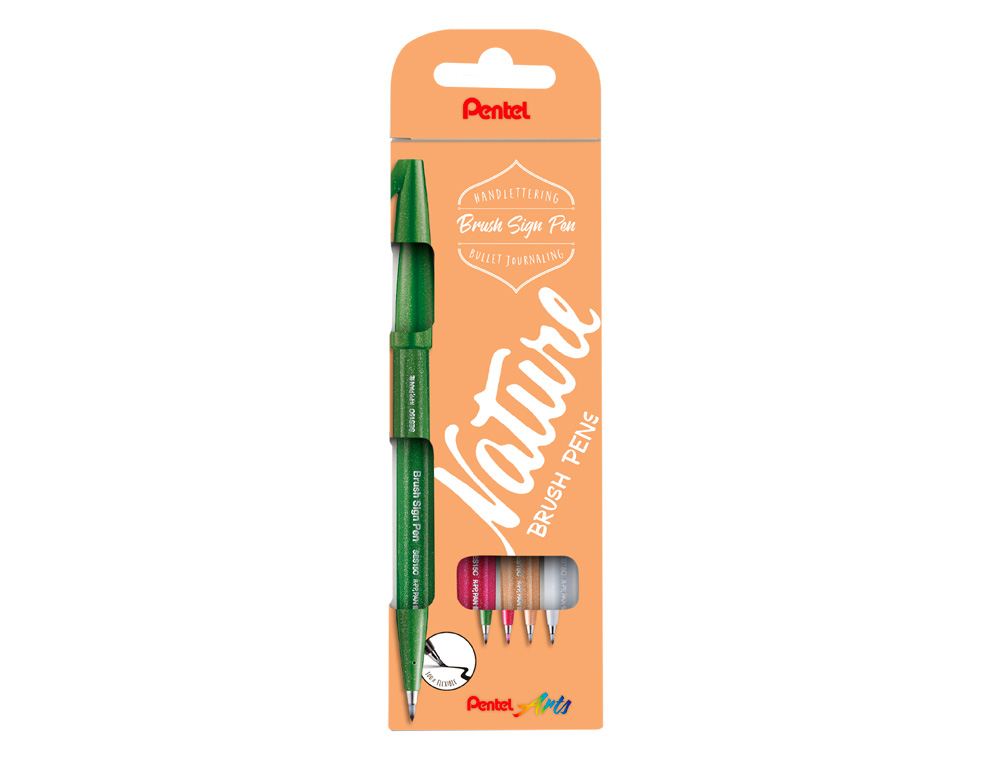 CANETA PINCEL PENTEL TOUCH EM BLISTER DE 4 CORES NATURE CINZA CLARO VERDE AZEITONA CASTANHO PALIDO E BUGUNDY