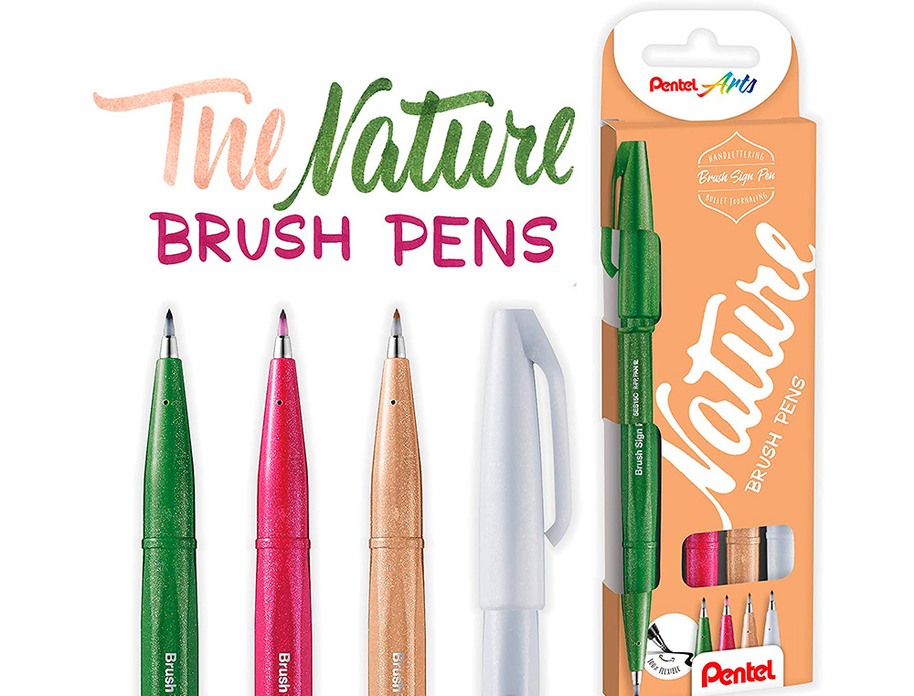 CANETA PINCEL PENTEL TOUCH EM BLISTER DE 4 CORES NATURE CINZA CLARO VERDE AZEITONA CASTANHO PALIDO E BUGUNDY