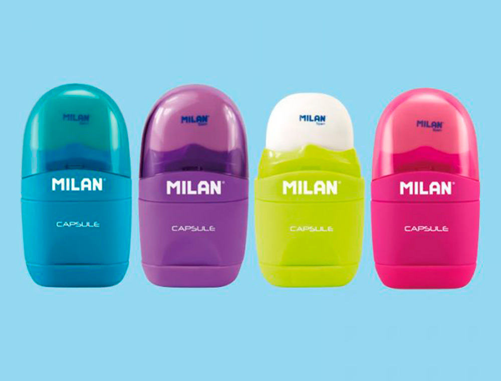 APARA LAPIS MILAN CAPSULE PLASTICO 1 USO COM BORRACHA + 2 RECARGAS DE BORRACHA