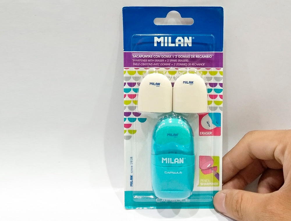 APARA LAPIS MILAN CAPSULE PLASTICO 1 USO COM BORRACHA + 2 RECARGAS DE BORRACHA