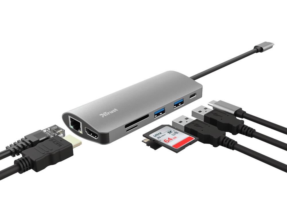 ADAPTADOR TRUST DALYX 7 EM 1 MULTIPORTA USB-C / HDMI / 2X USB-A / NETWORK / MICRO / MICRO SD / ETHERNET