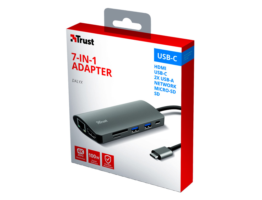 ADAPTADOR TRUST DALYX 7 EM 1 MULTIPORTA USB-C / HDMI / 2X USB-A / NETWORK / MICRO / MICRO SD / ETHERNET