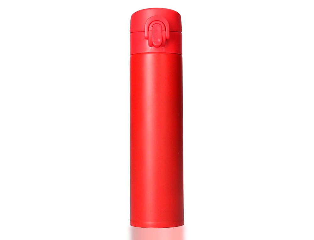 TERMO LIDERPAPEL ACO INOXIDAVEL COM DUPLA COBERTURA E SISTEMA DE ABERTURA FACIL COM BOTAO 330 ML COR VERMELHO