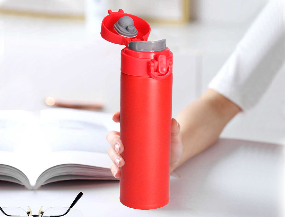 TERMO LIDERPAPEL ACO INOXIDAVEL COM DUPLA COBERTURA E SISTEMA DE ABERTURA FACIL COM BOTAO 330 ML COR VERMELHO