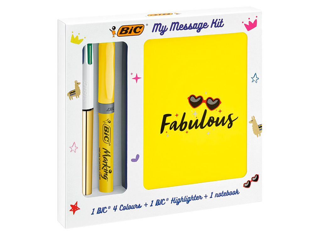 SET ESCRITA BIC 1 QUATRO CORES SHINE + 1 FLUOR GRIP PASTEL + 1 NOTEBOOK