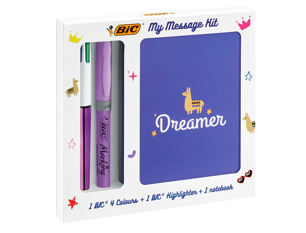 SET ESCRITA BIC 1 QUATRO CORES SHINE + 1 FLUOR GRIP PASTEL + 1 NOTEBOOK