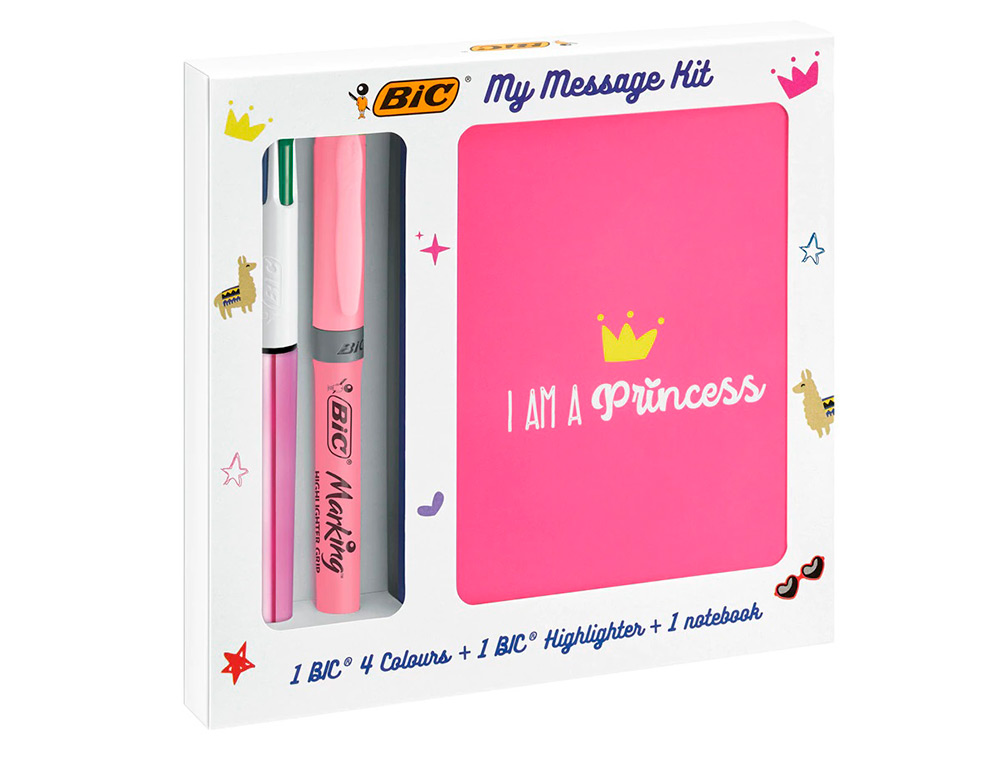 SET ESCRITA BIC 1 QUATRO CORES SHINE + 1 FLUOR GRIP PASTEL + 1 NOTEBOOK
