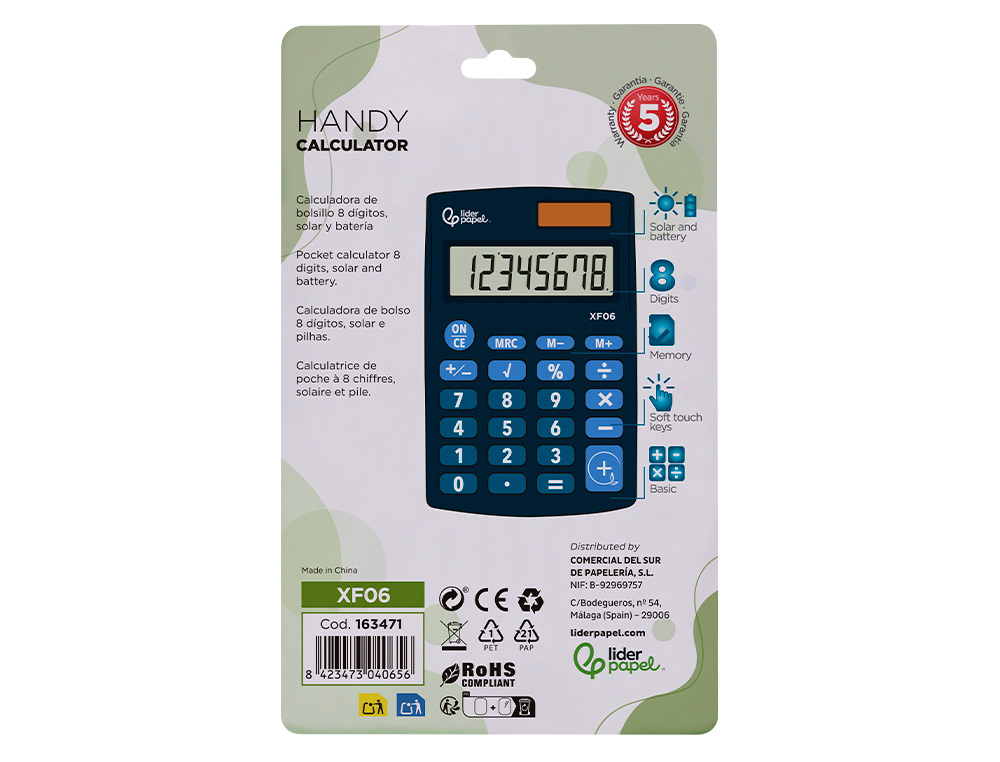 CALCULADORA LIDERPAPEL DE BOLSO XF06 8 DIGITOS SOLAR E PILHAS COR AZUL 98X62X8 MM