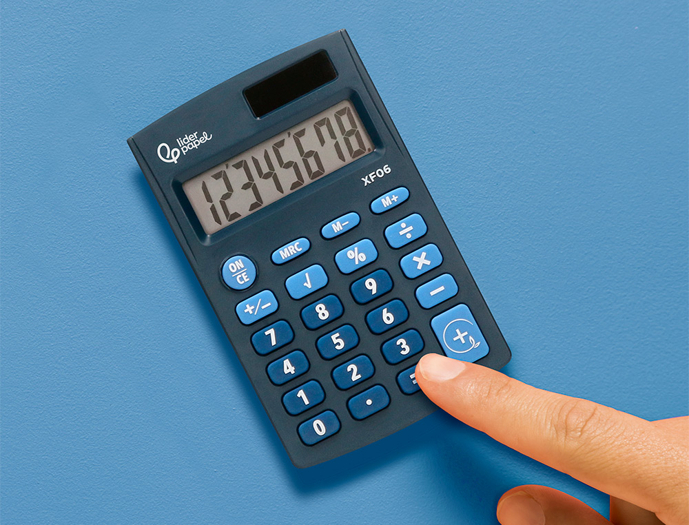 CALCULADORA LIDERPAPEL DE BOLSO XF06 8 DIGITOS SOLAR E PILHAS COR AZUL 98X62X8 MM