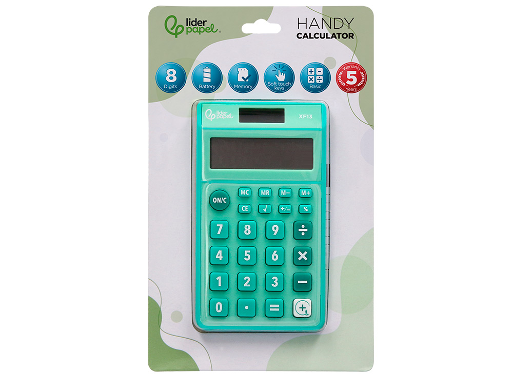 CALCULADORA LIDERPAPEL DE BOLSO XF13 8 DIGITOS SOLAR E PILHAS COR VERDE 115X65X8 MM