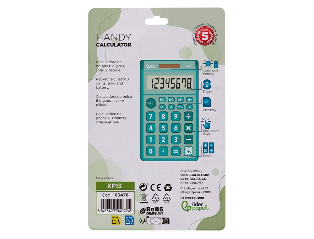 CALCULADORA LIDERPAPEL DE BOLSO XF13 8 DIGITOS SOLAR E PILHAS COR VERDE 115X65X8 MM