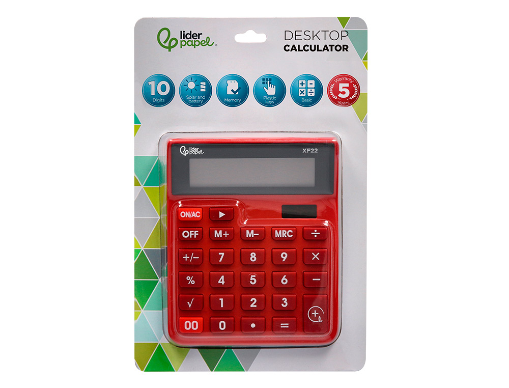 CALCULADORA LIDERPAPEL DE SECRETARIA XF22 10 DIGITOS SOLAR E PILHAS COR VERMELHO 127X105X24 MM