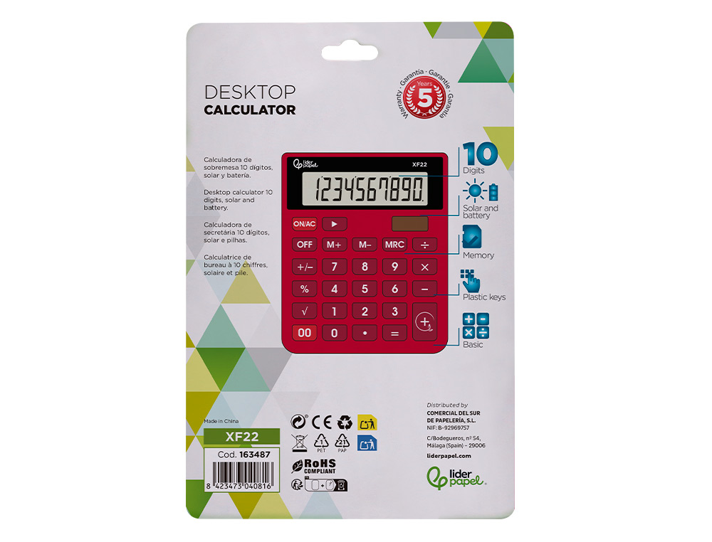 CALCULADORA LIDERPAPEL DE SECRETARIA XF22 10 DIGITOS SOLAR E PILHAS COR VERMELHO 127X105X24 MM