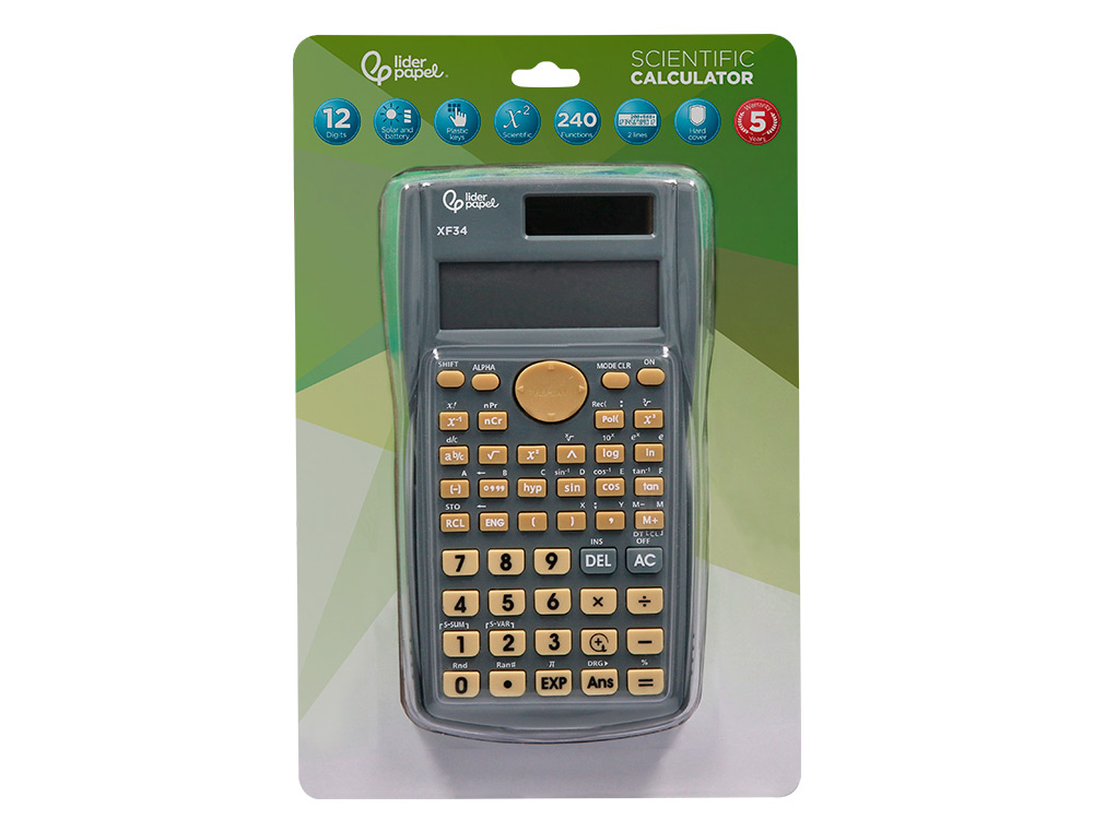 CALCULADORA LIDERPAPEL CIENTIFICA XF34 12 DIGITOS 240 FUNCOES COM TAMPA SOLAR E PILHAS COR CINZA 156X85X20 MM