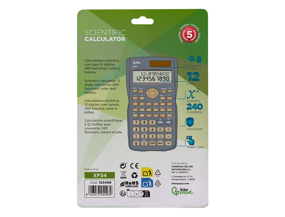CALCULADORA LIDERPAPEL CIENTIFICA XF34 12 DIGITOS 240 FUNCOES COM TAMPA SOLAR E PILHAS COR CINZA 156X85X20 MM