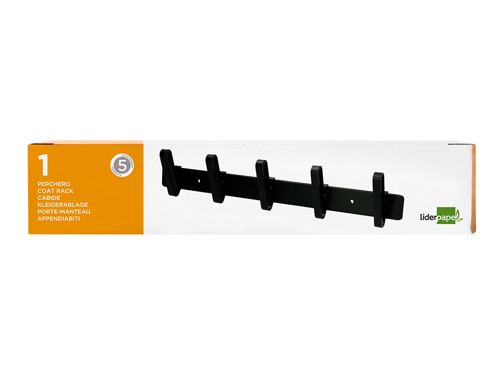 CABIDE LIDERPAPEL PAREDE METALICO 5 SUPORTES COR PRETA 430X88X55 MM