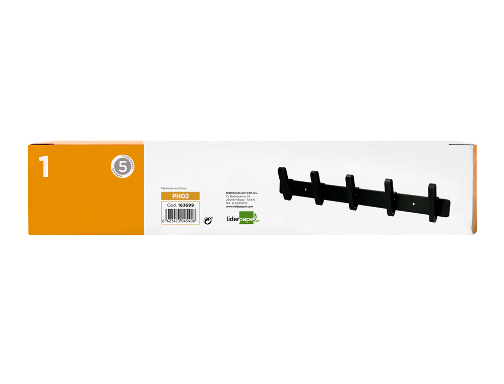 CABIDE LIDERPAPEL PAREDE METALICO 5 SUPORTES COR PRETA 430X88X55 MM