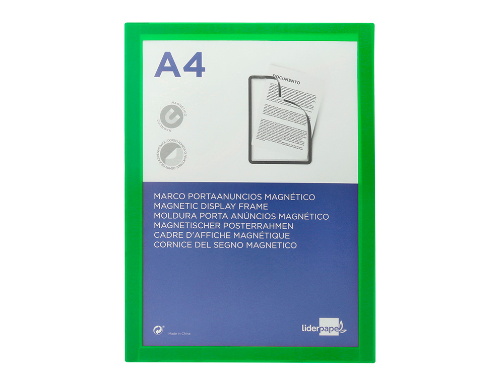 MOLDURA PORTA ANUNCIOS LIDERPAPEL MAGNETICA DIN A4 SUPORTE ADESIVO REMOVIVEL COR VERDE