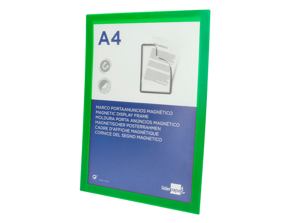 MOLDURA PORTA ANUNCIOS LIDERPAPEL MAGNETICA DIN A4 SUPORTE ADESIVO REMOVIVEL COR VERDE