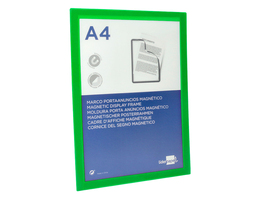 MOLDURA PORTA ANUNCIOS LIDERPAPEL MAGNETICA DIN A4 SUPORTE ADESIVO REMOVIVEL COR VERDE