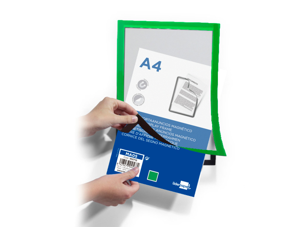 MOLDURA PORTA ANUNCIOS LIDERPAPEL MAGNETICA DIN A4 SUPORTE ADESIVO REMOVIVEL COR VERDE