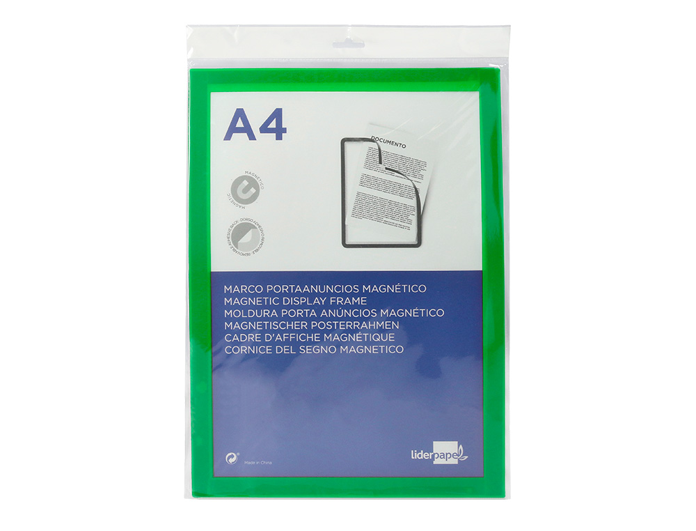 MOLDURA PORTA ANUNCIOS LIDERPAPEL MAGNETICA DIN A4 SUPORTE ADESIVO REMOVIVEL COR VERDE