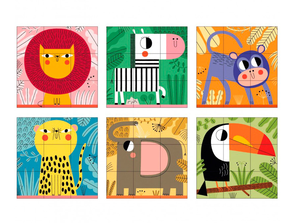 PUZZLE GOULA CUBOS DE CARTAO ANIMAIS SELVA 6 CENAS DIFERENTES 9 PECAS