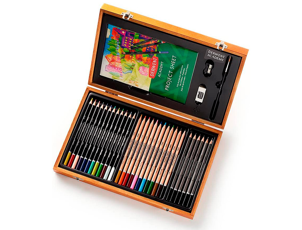 ESTOJO DE PINTURA DERWENT ACADEMY MADEIRA LAPIS DE CORES 35 PECAS
