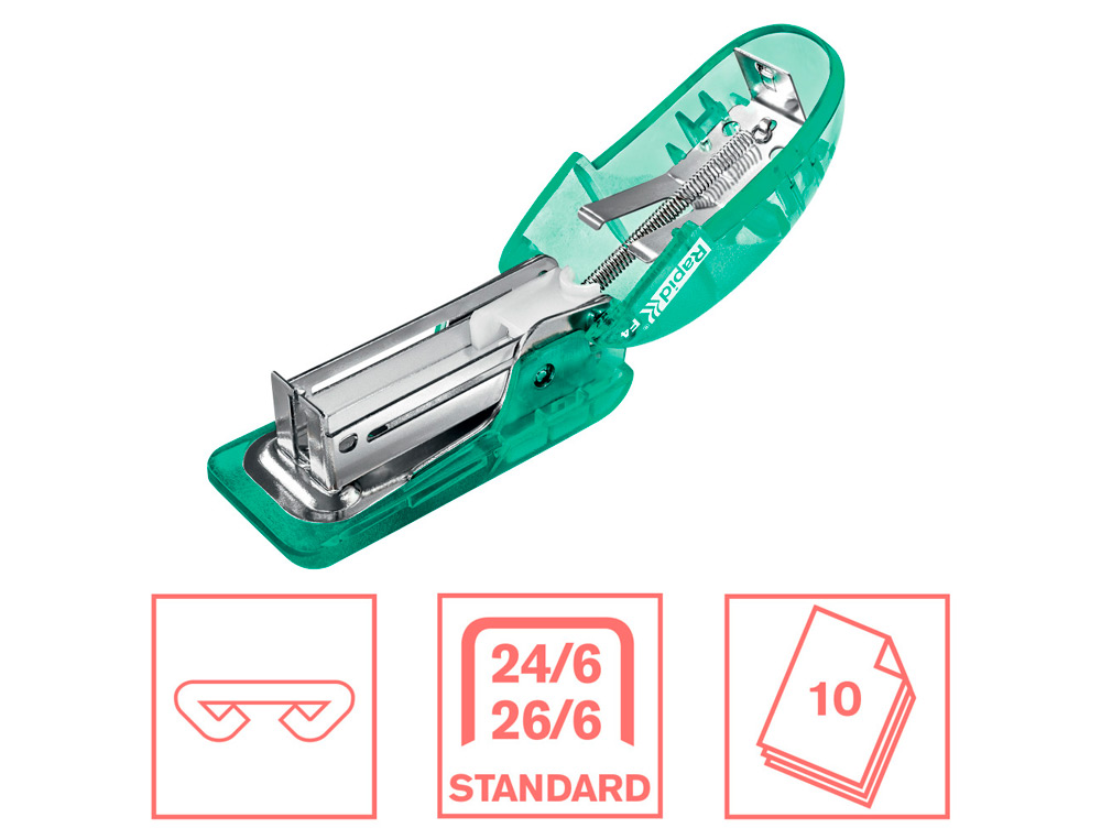 AGRAFADOR RAPID MINI F4 COLOUR BREEZE USA AGRAFES 24/6 E 26/6 COR VERDE EM BLISTER