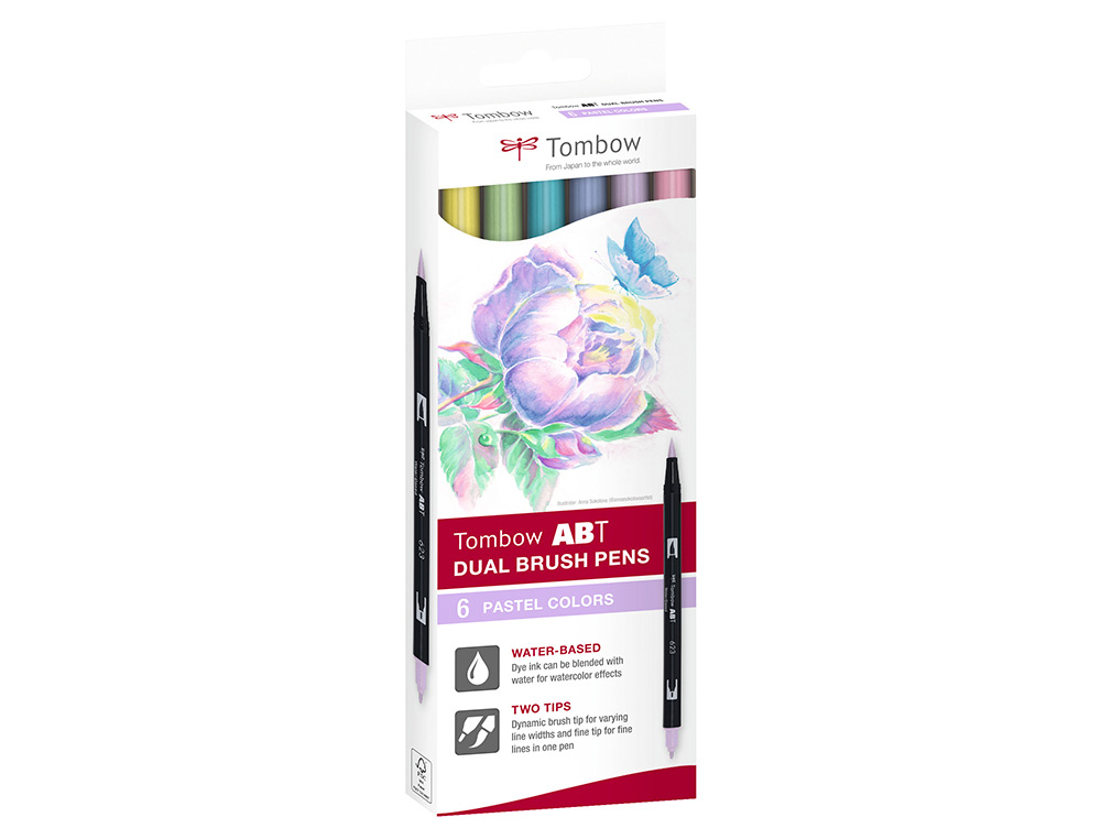 MARCADOR TOMBOW AGUARELAVEL DUPLA PONTA FINA/PINCEL CORES PASTEL CAIXA DE 6 UNIDADES CORES SORTIDAS