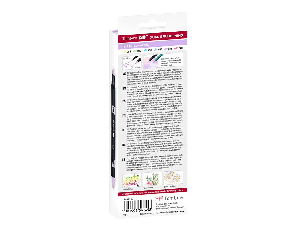 MARCADOR TOMBOW AGUARELAVEL DUPLA PONTA FINA/PINCEL CORES PASTEL CAIXA DE 6 UNIDADES CORES SORTIDAS