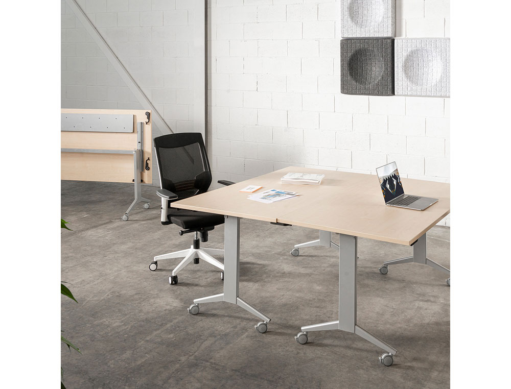 MESA DE ESCRITORIO ROCADA 140X80CM COM TABULEIRO REBATIVEL 90 ACABAMENTO FD02 ALUMINIO/CINZA