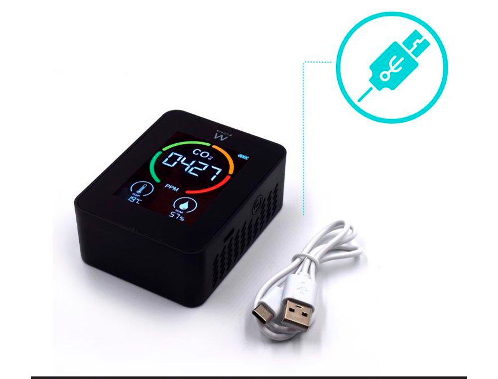 MEDIDOR DE CO2 EWENT ECRA LED CORES DETETOR QUALIDADE DO AR COM INDICADOR TEMPERATURA E HUMIDADE USB-C