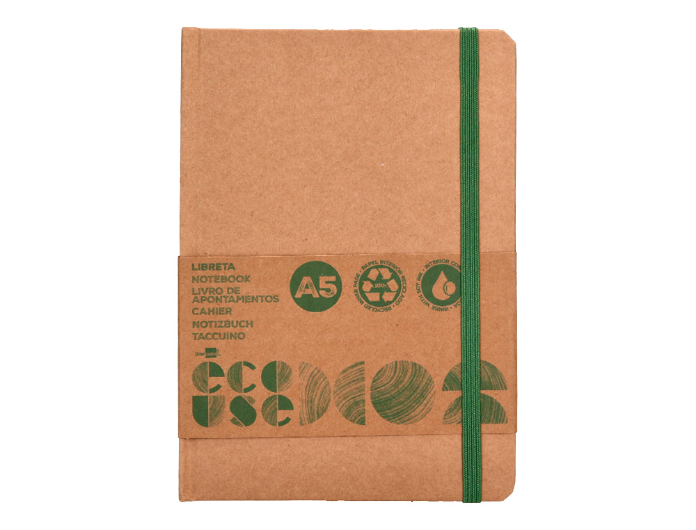 CADERNO AGRAFADO LIDERPAPEL ECOUSE 100% RECICLADO A5 96 FOLHAS 70G/M2 PAUTADO COM ELASTICO E MARCADOR PAGINAS