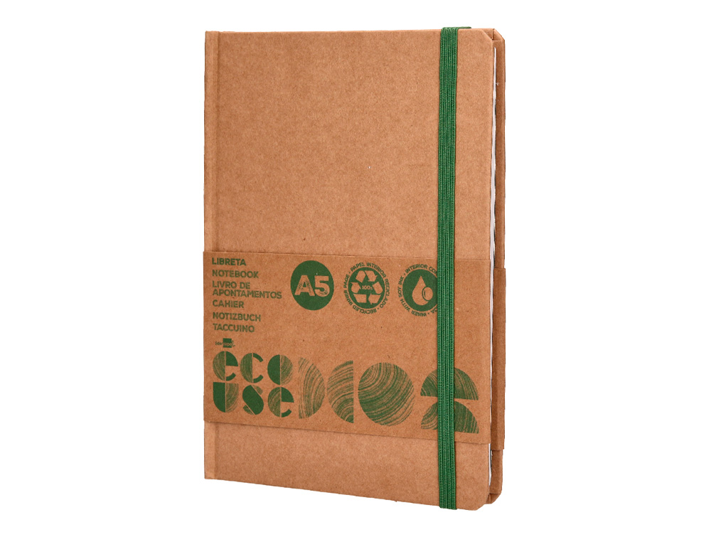 CADERNO AGRAFADO LIDERPAPEL ECOUSE 100% RECICLADO A5 96 FOLHAS 70G/M2 PAUTADO COM ELASTICO E MARCADOR PAGINAS
