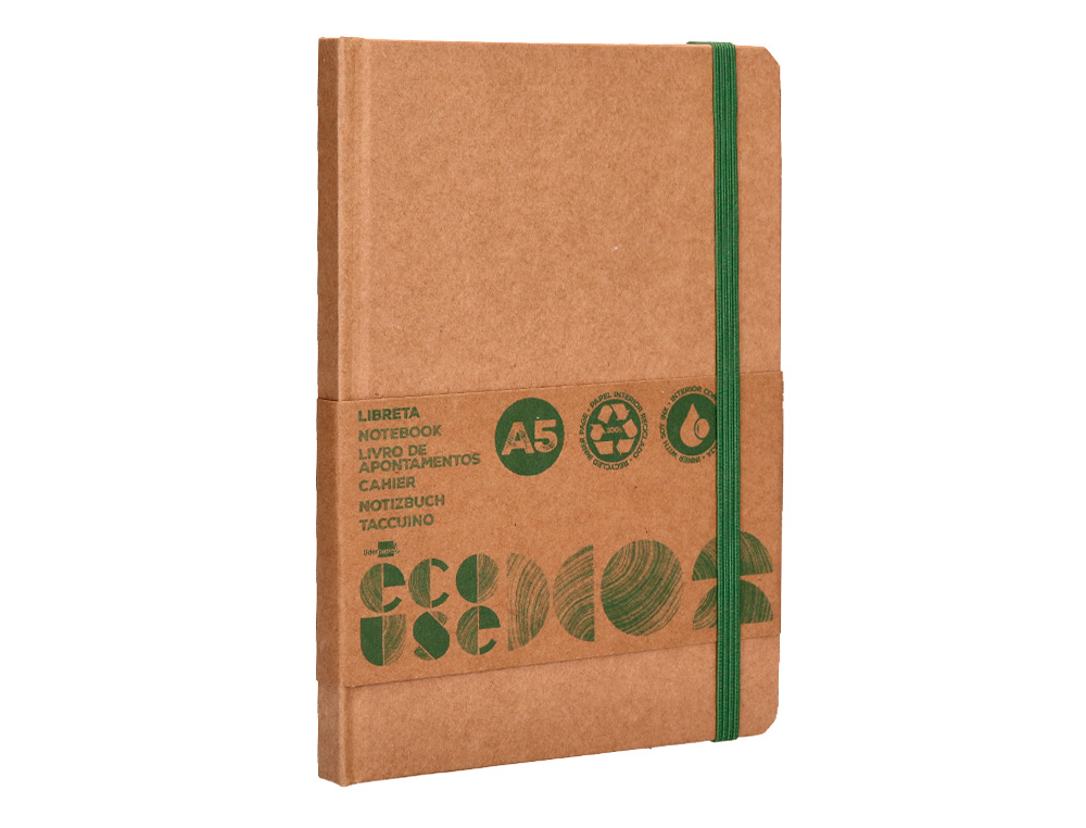CADERNO AGRAFADO LIDERPAPEL ECOUSE 100% RECICLADO A5 96 FOLHAS 70G/M2 PAUTADO COM ELASTICO E MARCADOR PAGINAS