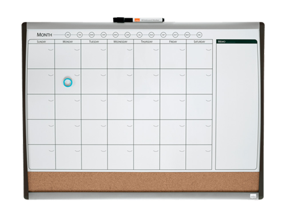 PLANIFICADOR MENSAL NOBO MAGNETICO + TABULEIRO DE CORTICA HORIZONTAL COM MOLDURA ARQUEADA PRATA E PRETO 585X430 MM