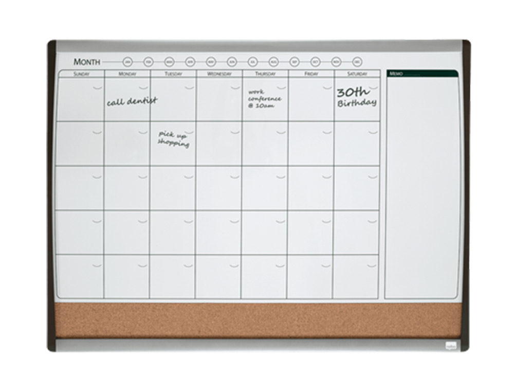 PLANIFICADOR MENSAL NOBO MAGNETICO + TABULEIRO DE CORTICA HORIZONTAL COM MOLDURA ARQUEADA PRATA E PRETO 585X430 MM