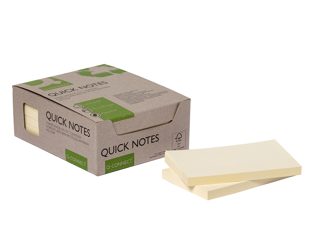 BLOCO DE NOTAS ADESIVAS Q-CONNECT 76X127 MM 100% PAPEL RECICLADO AMARELO CAIXA DE CARTAO