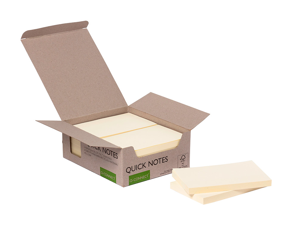 BLOCO DE NOTAS ADESIVAS Q-CONNECT 76X127 MM 100% PAPEL RECICLADO AMARELO CAIXA DE CARTAO