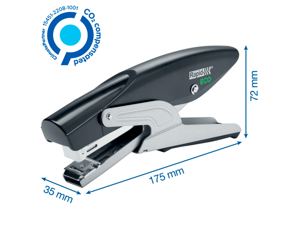 AGRAFADOR RAPID DE ALICATE ECO PLASTICO RECICLADO 100% CAPACIDADE 20 FOLHAS USA AGRAFES 24/6 E 26/6 COR PRETO