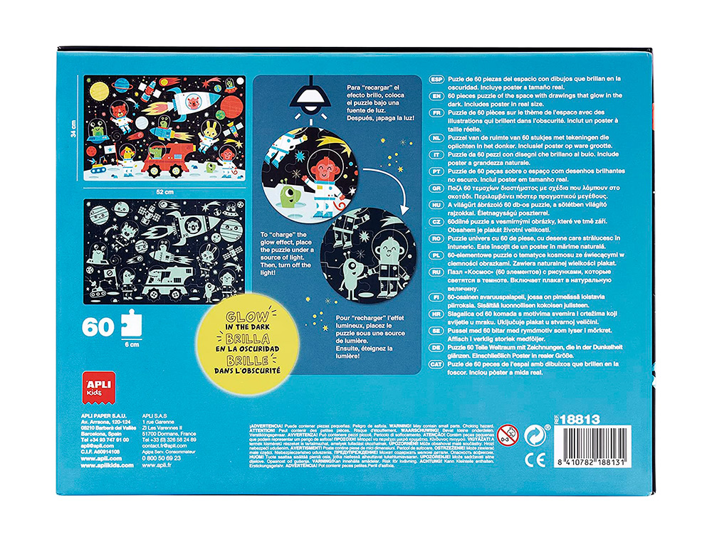 PUZZLE APLI FLUORESCENTE ESPACO 60 PECAS TAMANHO 6X6 CM