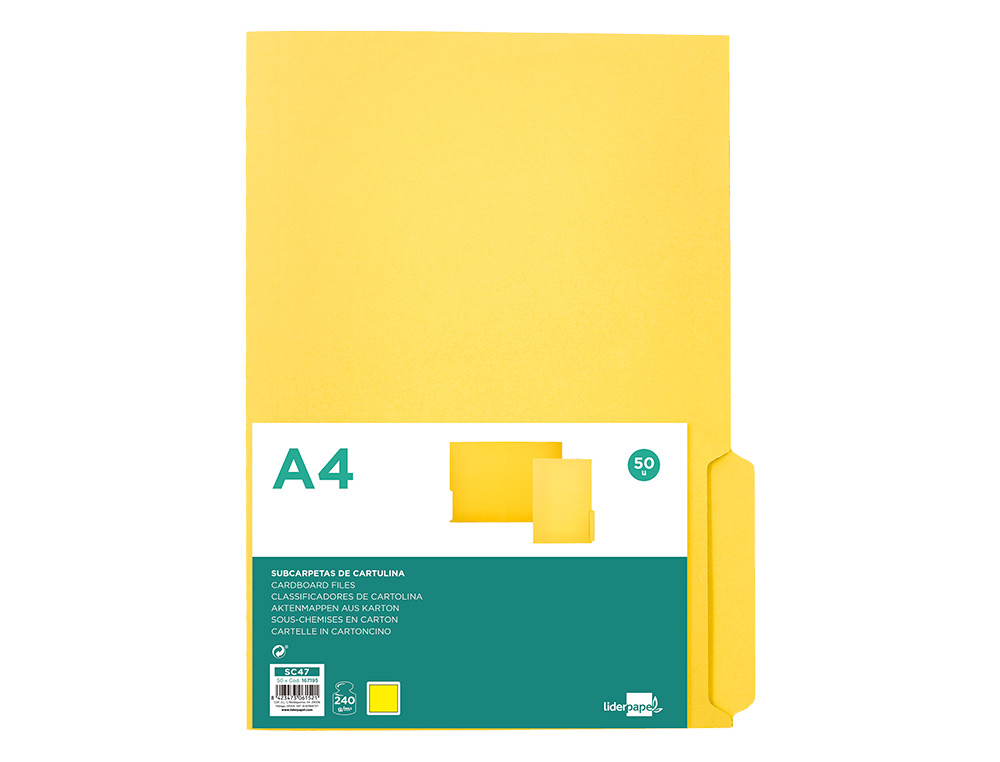 CLASSIFICADOR CARTOLINA LIDERPAPEL A4 PESTANA SUPERIOR 240G/M2 AMARELO