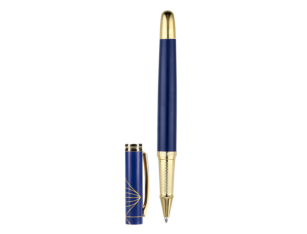ESFEROGRAFICA E ESTOJO BELIUS SOIREE DESENHO ART DECO AZUL MARINHO E DOURADO TINTA AZUL CAIXA DESIGN