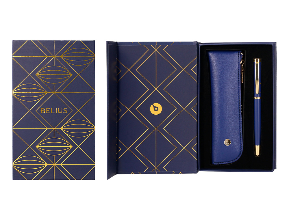 ESFEROGRAFICA E ESTOJO BELIUS SOIREE DESENHO ART DECO AZUL MARINHO E DOURADO TINTA AZUL CAIXA DESIGN