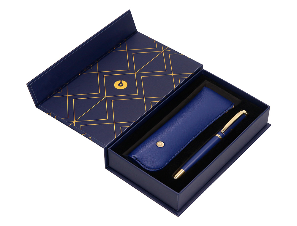 ESFEROGRAFICA E ESTOJO BELIUS SOIREE DESENHO ART DECO AZUL MARINHO E DOURADO TINTA AZUL CAIXA DESIGN