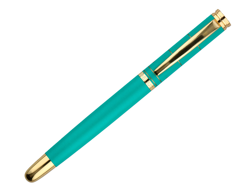 CANETA E ESTOJO BELIUS SOIREE DESENHO ART DECO TURQUESA E DOURADO TINTA AZUL CAIXA DESIGN