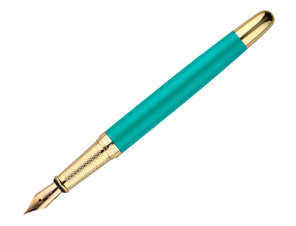CANETA E ESTOJO BELIUS SOIREE DESENHO ART DECO TURQUESA E DOURADO TINTA AZUL CAIXA DESIGN