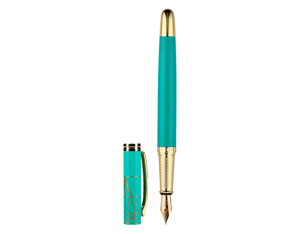 CANETA E ESTOJO BELIUS SOIREE DESENHO ART DECO TURQUESA E DOURADO TINTA AZUL CAIXA DESIGN