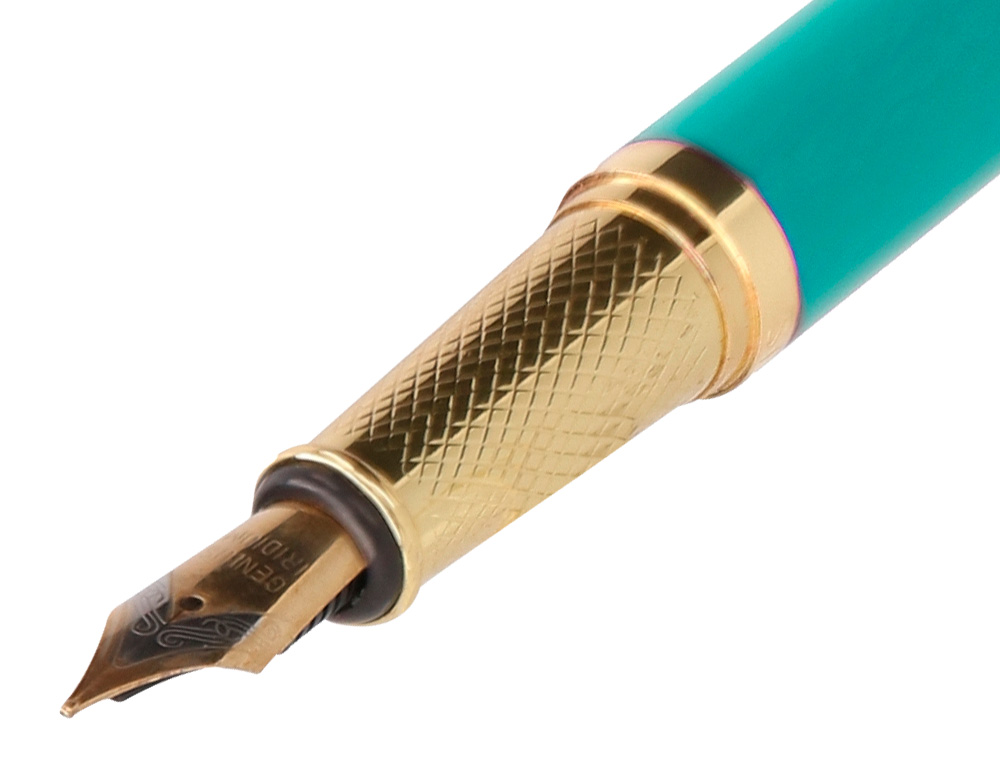 CANETA E ESTOJO BELIUS SOIREE DESENHO ART DECO TURQUESA E DOURADO TINTA AZUL CAIXA DESIGN